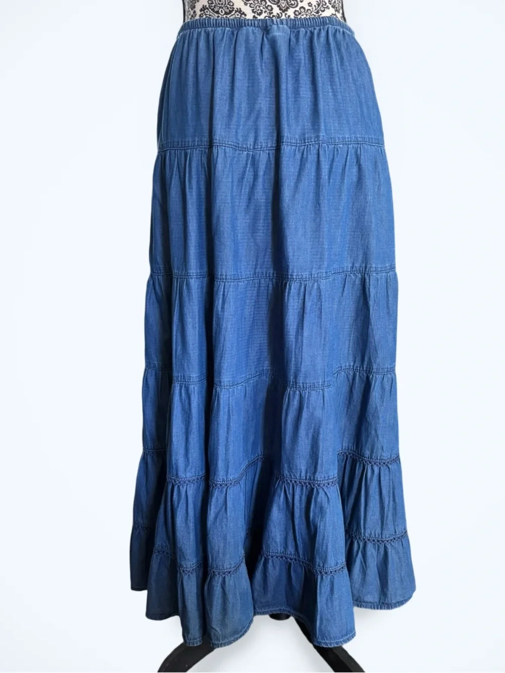 VTG White Stag Chambray Denim Tiered Maxi Skirt L Pull On Prairie Cottagecore - Picture 2 of 9